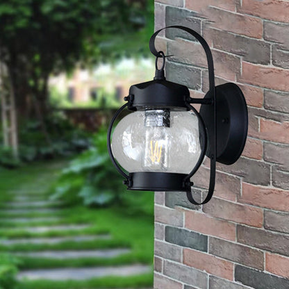 Traditional Rustic Round Oval Lantern Aluminum Frame Glass Shade 1-Light Wall Sconce Lamp For Garden
