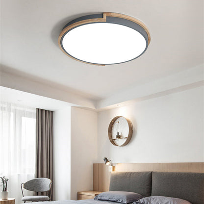Contemporary Nordic Round Wood Iron Frame Acrylic Shade LED Flush Mount Ceiling Light For Bedroom