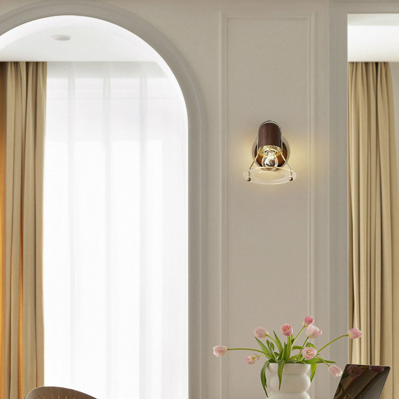 Contemporary Retro Cylinder Circle Horn Shape Iron Wood 1-Light Wall Sconce Lamp For Bedroom