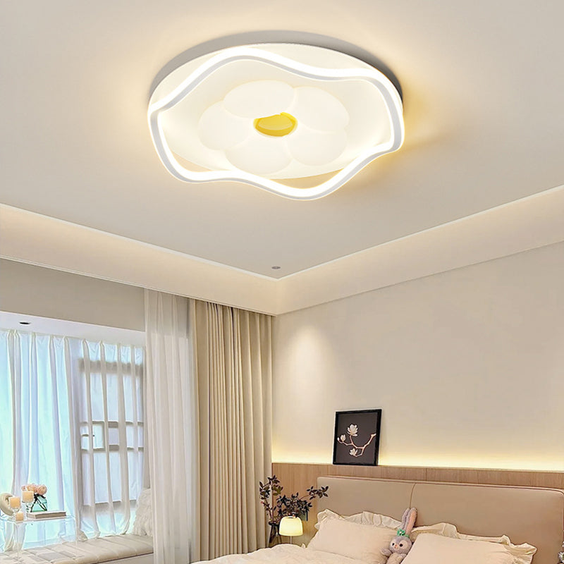 Contemporary Creative Round Square Flower Wave Aluminum PE Plastic Shade LED Flush Mount Ceiling Light For Bedroom