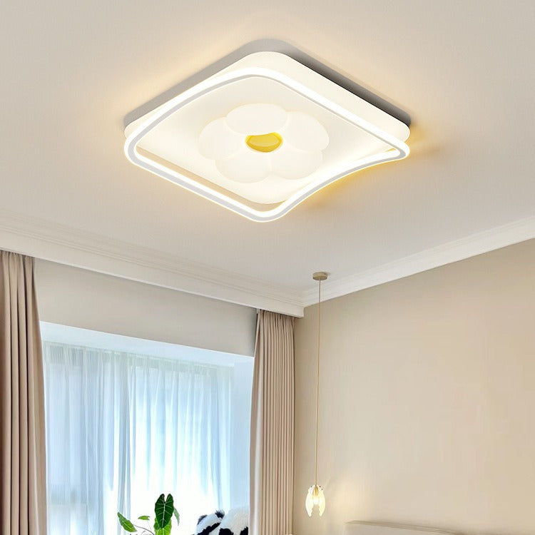 Contemporary Creative Round Square Flower Wave Aluminum PE Plastic Shade LED Flush Mount Ceiling Light For Bedroom