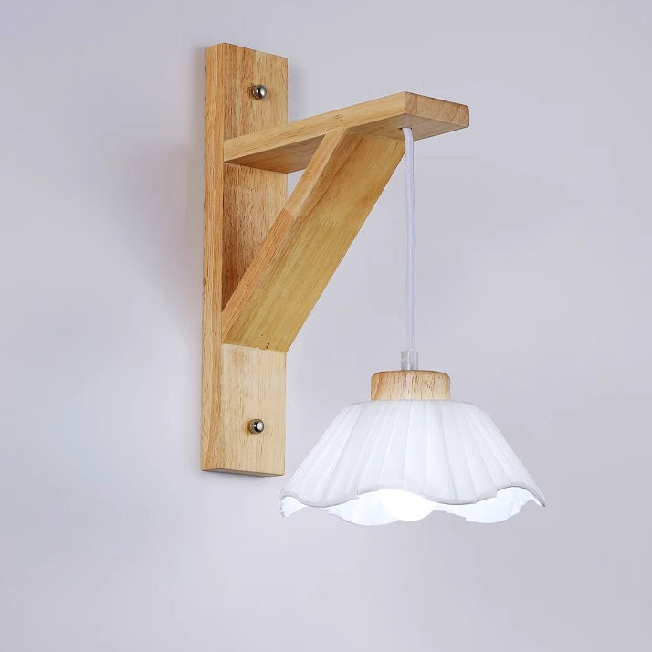 Contemporary Nordic Tripod Base Round Floral Fabric Glass Shade Wood 1-Light Wall Sconce Lamp For Bedroom