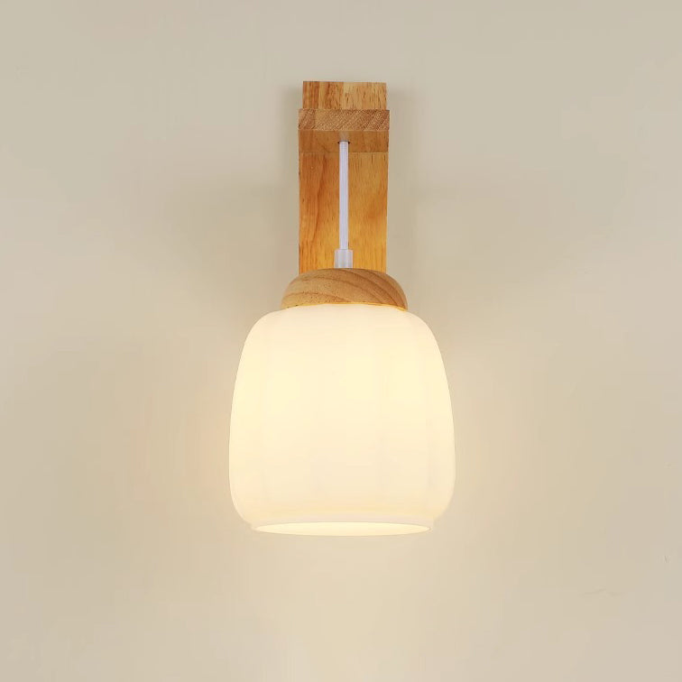 Contemporary Nordic Tripod Base Round Floral Fabric Glass Shade Wood 1-Light Wall Sconce Lamp For Bedroom