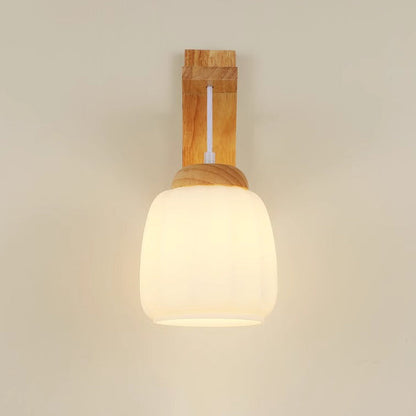 Contemporary Nordic Tripod Base Round Floral Fabric Glass Shade Wood 1-Light Wall Sconce Lamp For Bedroom