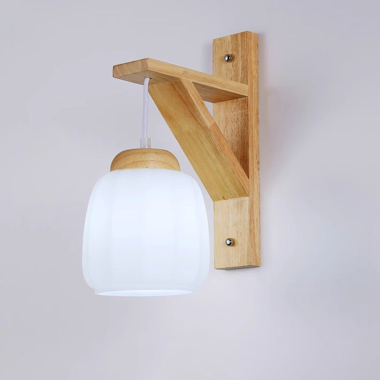Contemporary Nordic Tripod Base Round Floral Fabric Glass Shade Wood 1-Light Wall Sconce Lamp For Bedroom