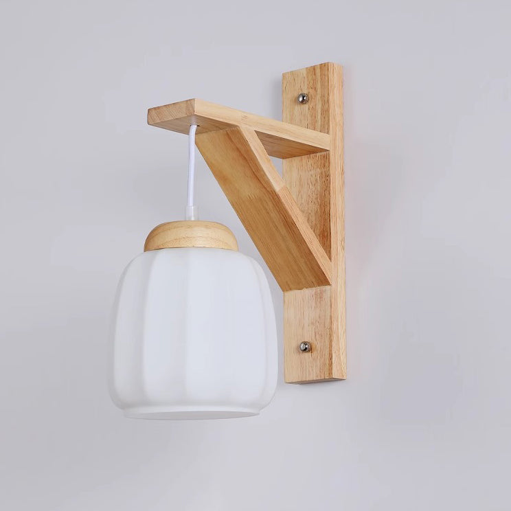 Contemporary Nordic Tripod Base Round Floral Fabric Glass Shade Wood 1-Light Wall Sconce Lamp For Bedroom