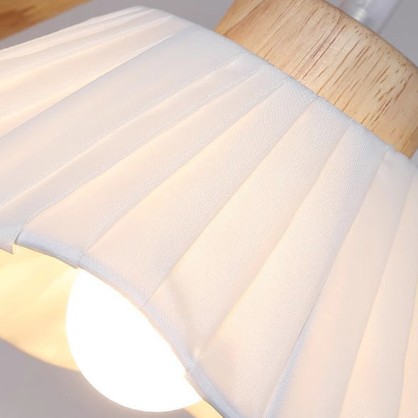 Contemporary Nordic Tripod Base Round Floral Fabric Glass Shade Wood 1-Light Wall Sconce Lamp For Bedroom