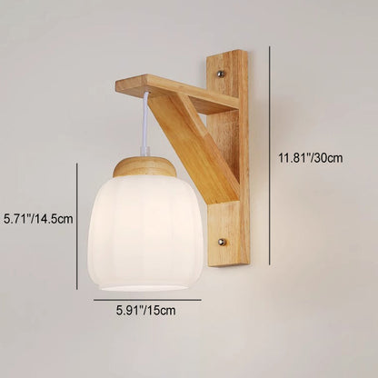 Contemporary Nordic Tripod Base Round Floral Fabric Glass Shade Wood 1-Light Wall Sconce Lamp For Bedroom