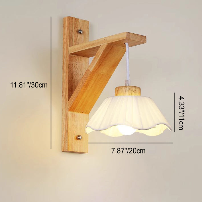Contemporary Nordic Tripod Base Round Floral Fabric Glass Shade Wood 1-Light Wall Sconce Lamp For Bedroom