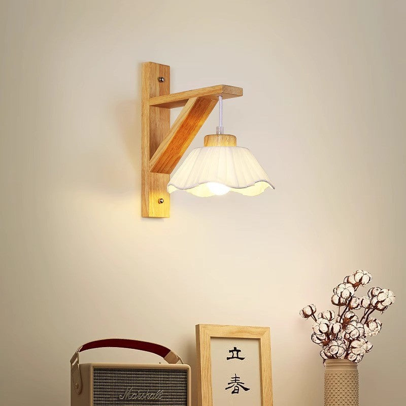 Contemporary Nordic Tripod Base Round Floral Fabric Glass Shade Wood 1-Light Wall Sconce Lamp For Bedroom