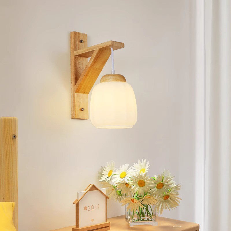 Contemporary Nordic Tripod Base Round Floral Fabric Glass Shade Wood 1-Light Wall Sconce Lamp For Bedroom