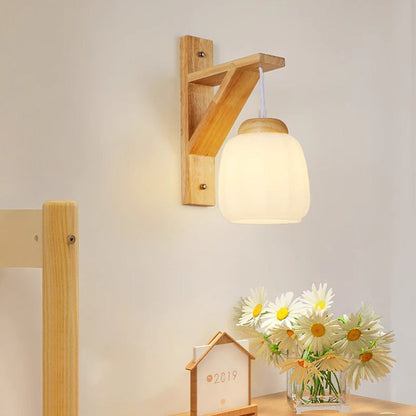 Contemporary Nordic Tripod Base Round Floral Fabric Glass Shade Wood 1-Light Wall Sconce Lamp For Bedroom