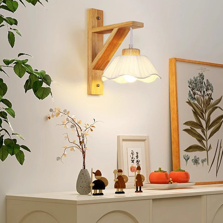 Contemporary Nordic Tripod Base Round Floral Fabric Glass Shade Wood 1-Light Wall Sconce Lamp For Bedroom