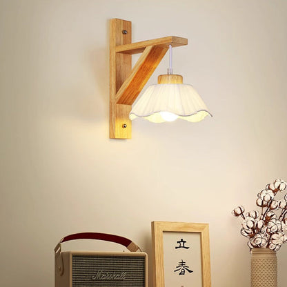 Contemporary Nordic Tripod Base Round Floral Fabric Glass Shade Wood 1-Light Wall Sconce Lamp For Bedroom