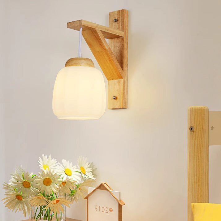 Contemporary Nordic Tripod Base Round Floral Fabric Glass Shade Wood 1-Light Wall Sconce Lamp For Bedroom