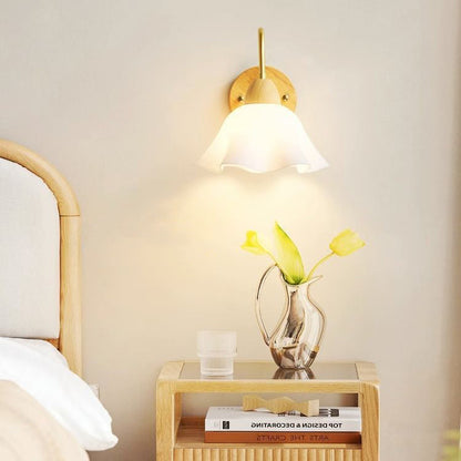 Contemporary Nordic Flower Curved Pole Acrylic Shade Wood Frame 1-Light Wall Sconce Lamp For Bedroom
