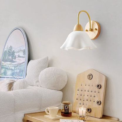 Contemporary Nordic Flower Curved Pole Acrylic Shade Wood Frame 1-Light Wall Sconce Lamp For Bedroom