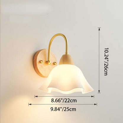 Contemporary Nordic Flower Curved Pole Acrylic Shade Wood Frame 1-Light Wall Sconce Lamp For Bedroom