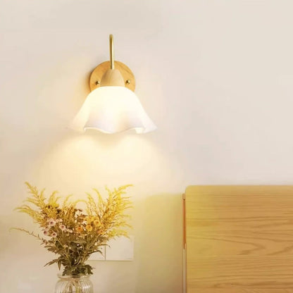 Contemporary Nordic Flower Curved Pole Acrylic Shade Wood Frame 1-Light Wall Sconce Lamp For Bedroom