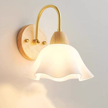 Contemporary Nordic Flower Curved Pole Acrylic Shade Wood Frame 1-Light Wall Sconce Lamp For Bedroom