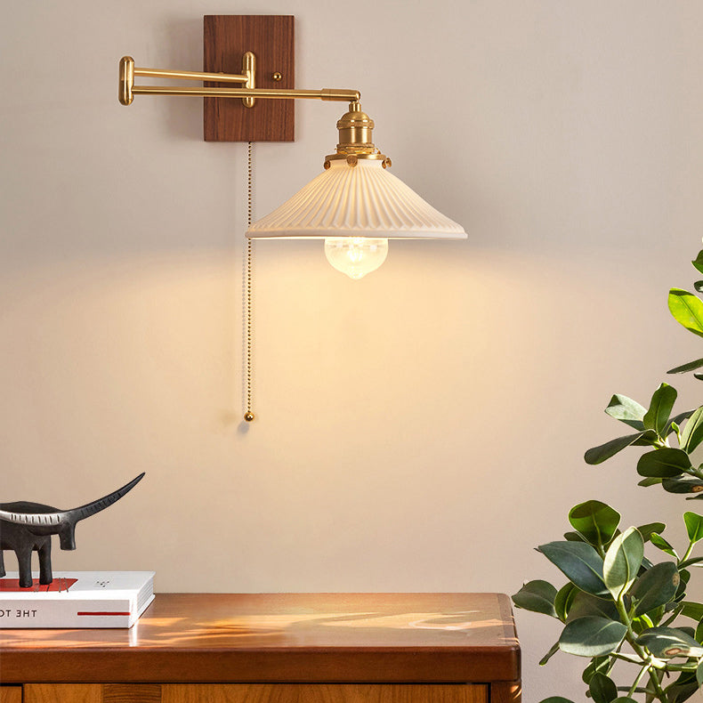 Traditional Vintage Swingable Square Base Conical Glass Shade Wooden Copper 1-Light Wall Sconce Lamp For Bedroom