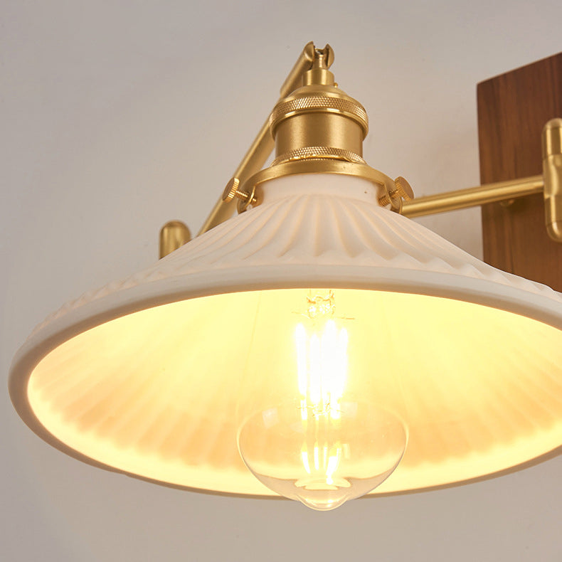 Traditional Vintage Swingable Square Base Conical Glass Shade Wooden Copper 1-Light Wall Sconce Lamp For Bedroom