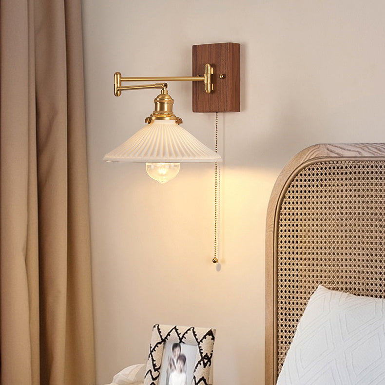 Traditional Vintage Swingable Square Base Conical Glass Shade Wooden Copper 1-Light Wall Sconce Lamp For Bedroom