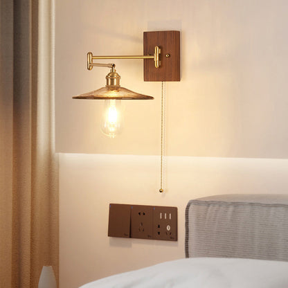 Traditional Vintage Swingable Square Base Conical Glass Shade Wooden Copper 1-Light Wall Sconce Lamp For Bedroom