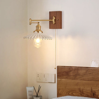 Traditional Vintage Swingable Square Base Conical Glass Shade Wooden Copper 1-Light Wall Sconce Lamp For Bedroom