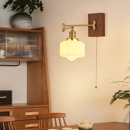Traditional Vintage Swingable Square Base Conical Glass Shade Wooden Copper 1-Light Wall Sconce Lamp For Bedroom