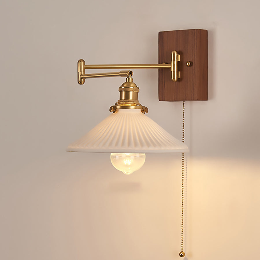 Traditional Vintage Swingable Square Base Conical Glass Shade Wooden Copper 1-Light Wall Sconce Lamp For Bedroom