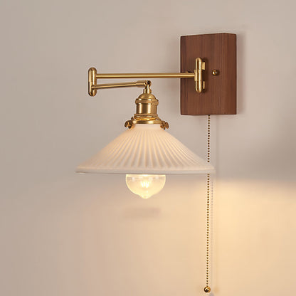 Traditional Vintage Swingable Square Base Conical Glass Shade Wooden Copper 1-Light Wall Sconce Lamp For Bedroom