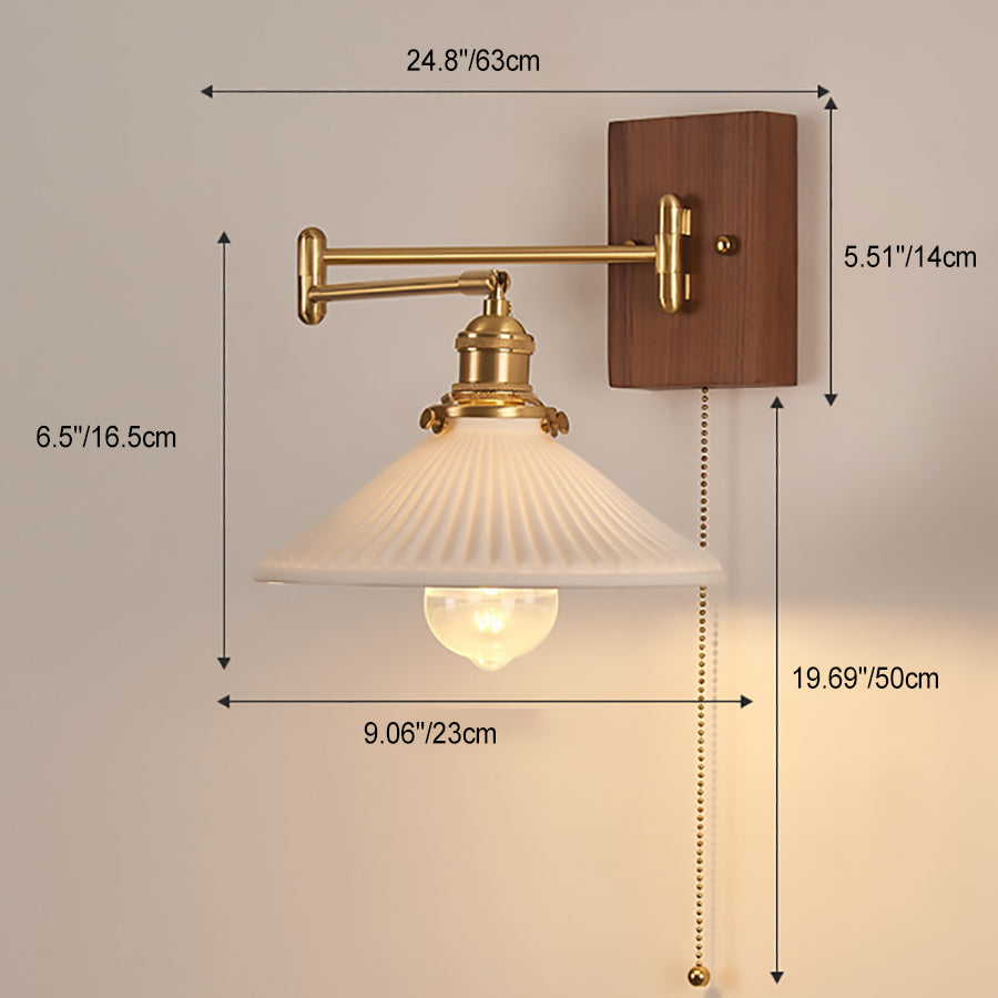 Traditional Vintage Swingable Square Base Conical Glass Shade Wooden Copper 1-Light Wall Sconce Lamp For Bedroom