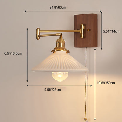 Traditional Vintage Swingable Square Base Conical Glass Shade Wooden Copper 1-Light Wall Sconce Lamp For Bedroom