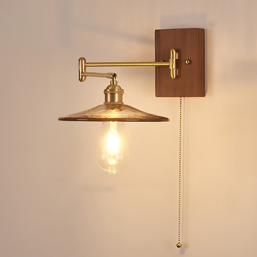 Traditional Vintage Swingable Square Base Conical Glass Shade Wooden Copper 1-Light Wall Sconce Lamp For Bedroom