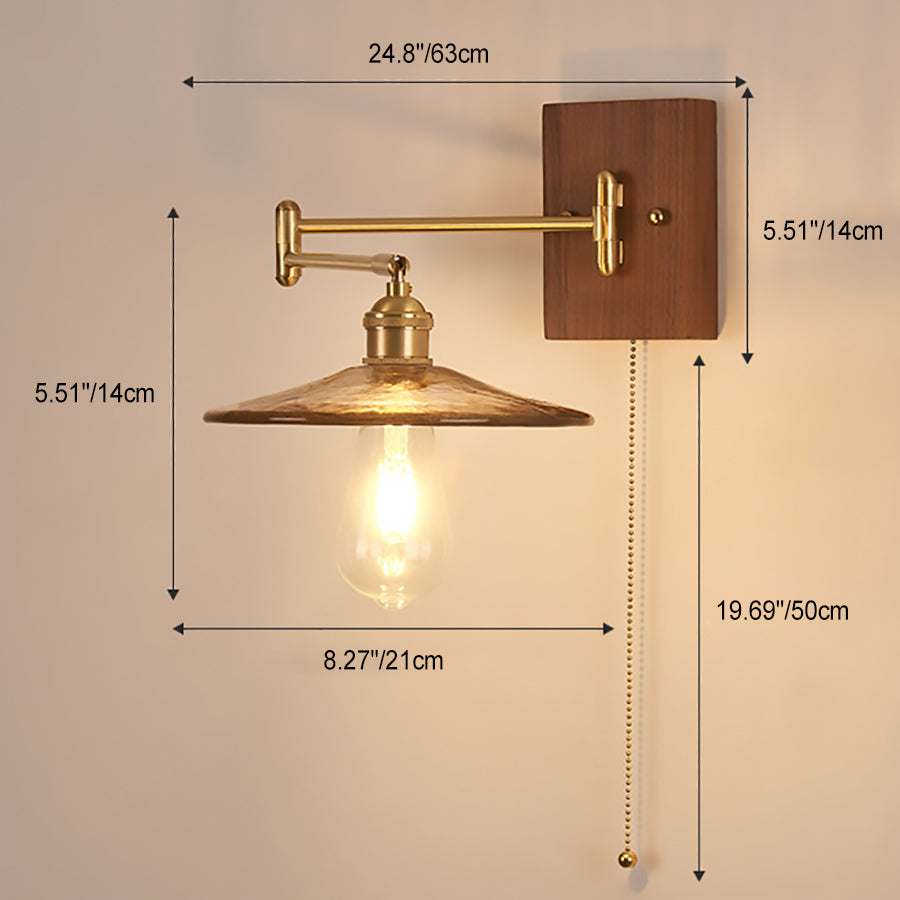 Traditional Vintage Swingable Square Base Conical Glass Shade Wooden Copper 1-Light Wall Sconce Lamp For Bedroom