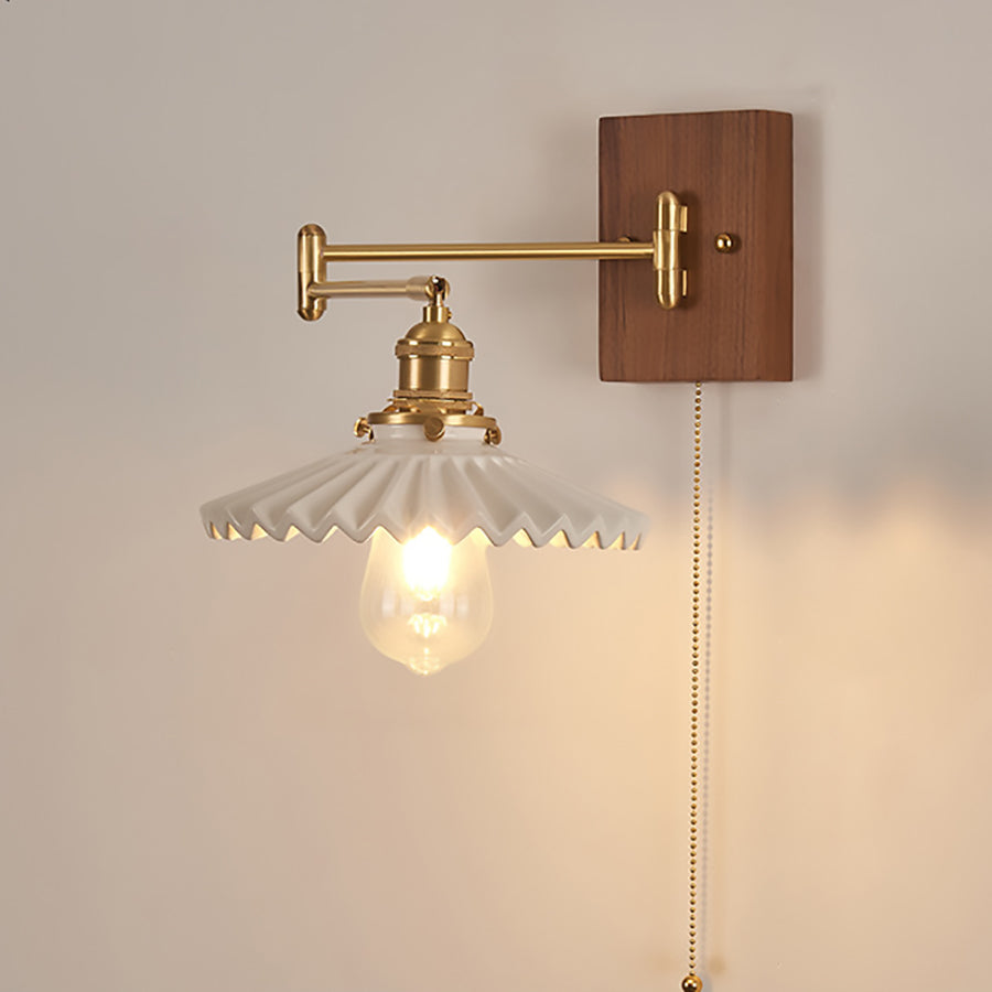 Traditional Vintage Swingable Square Base Conical Glass Shade Wooden Copper 1-Light Wall Sconce Lamp For Bedroom