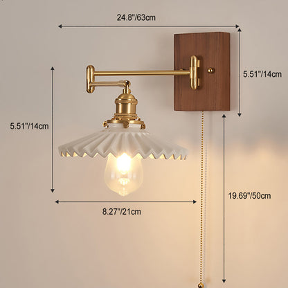 Traditional Vintage Swingable Square Base Conical Glass Shade Wooden Copper 1-Light Wall Sconce Lamp For Bedroom