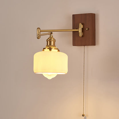 Traditional Vintage Swingable Square Base Conical Glass Shade Wooden Copper 1-Light Wall Sconce Lamp For Bedroom