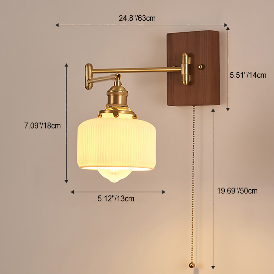 Traditional Vintage Swingable Square Base Conical Glass Shade Wooden Copper 1-Light Wall Sconce Lamp For Bedroom