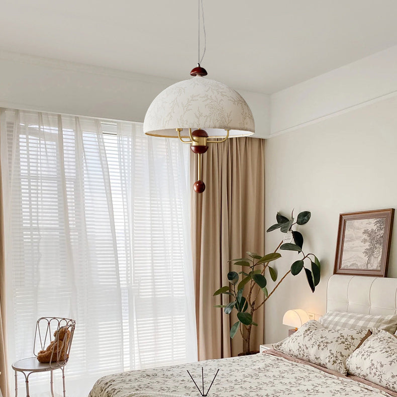 Traditional Vintage Round Dome Floral Print Full Copper Fabric Shade 3-Light Pendant Light For Living Room