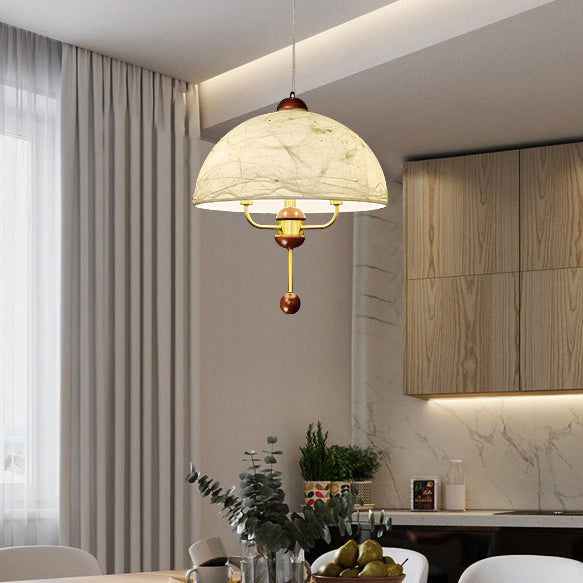 Traditional Vintage Round Dome Floral Print Full Copper Fabric Shade 3-Light Pendant Light For Living Room