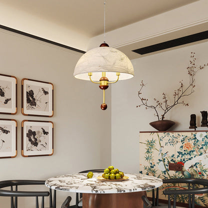 Traditional Vintage Round Dome Floral Print Full Copper Fabric Shade 3-Light Pendant Light For Living Room