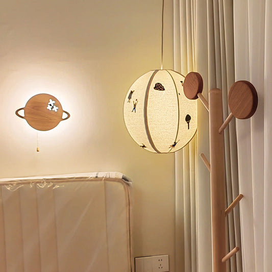 Traditional Vintage Globe Kids Embroidered Cotton Linen Shade Iron Frame 1-Light Pendant Light For Bedroom