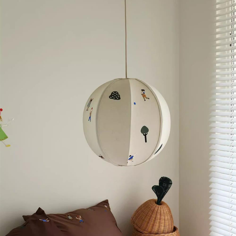 Traditional Vintage Globe Kids Embroidered Cotton Linen Shade Iron Frame 1-Light Pendant Light For Bedroom