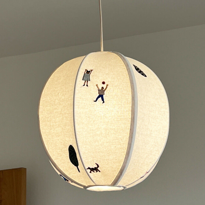 Traditional Vintage Globe Kids Embroidered Cotton Linen Shade Iron Frame 1-Light Pendant Light For Bedroom