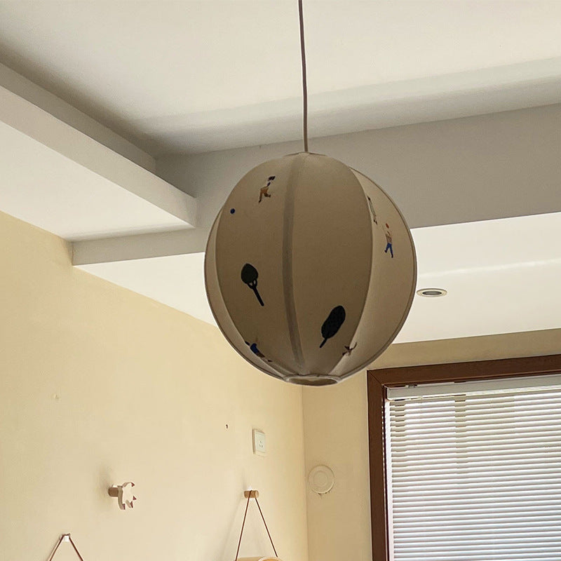 Traditional Vintage Globe Kids Embroidered Cotton Linen Shade Iron Frame 1-Light Pendant Light For Bedroom