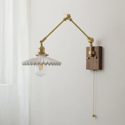 Traditional Vintage Swing Arm Long Pole Round Pleated Ceramic Shade Wood Brass 1-Light Wall Sconce Lamp For Living Room