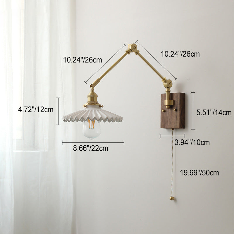 Traditional Vintage Swing Arm Long Pole Round Pleated Ceramic Shade Wood Brass 1-Light Wall Sconce Lamp For Living Room