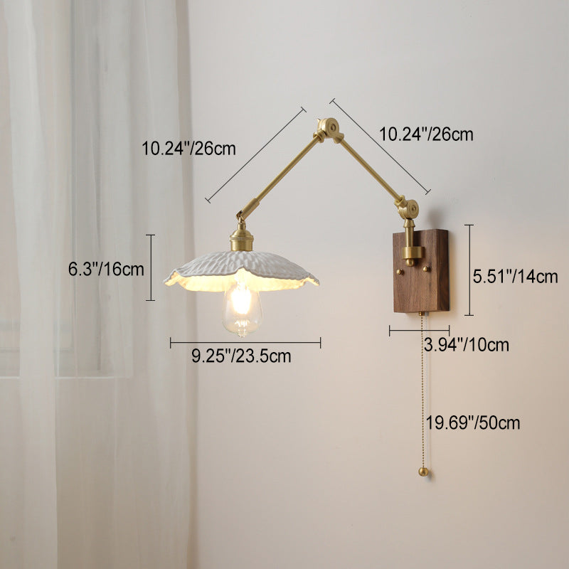 Traditional Vintage Swing Arm Long Pole Round Pleated Ceramic Shade Wood Brass 1-Light Wall Sconce Lamp For Living Room